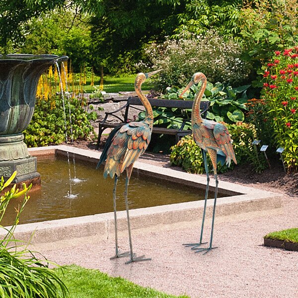 Costway Set di 2 statue di gru da giardino con struttura in metallo, Statue di scultura di gru in piedi per cortile