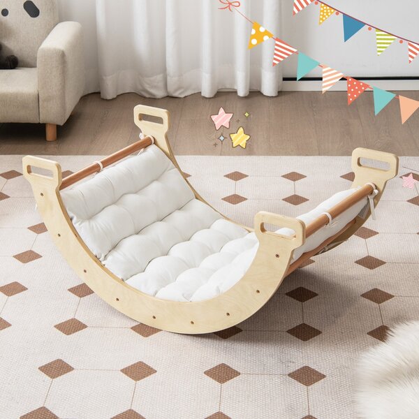 Costway Dondolo ad arco 2 in 1 con morbido cuscino, Arco di arrampicata a doppia faccia per bambini di 1+ anni Naturale