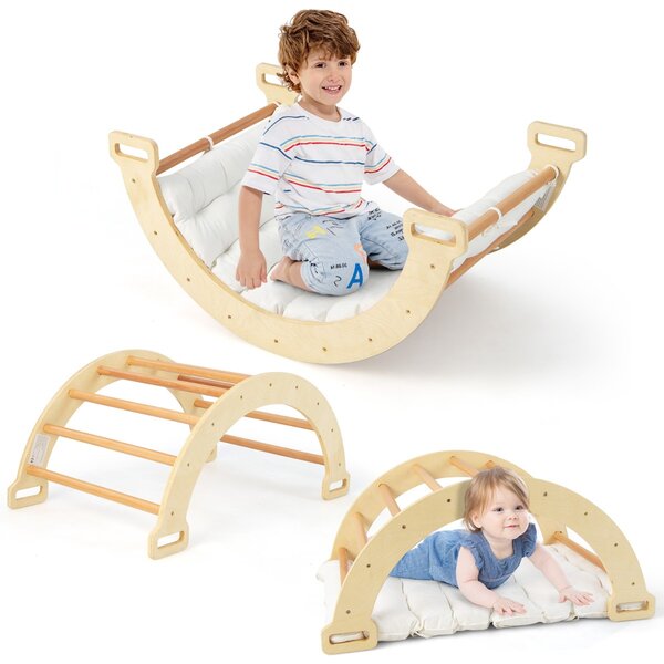 Costway Dondolo ad arco 2 in 1 con morbido cuscino, Arco di arrampicata a doppia faccia per bambini di 1+ anni Naturale