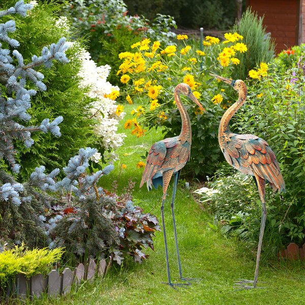 Costway Set di 2 statue di gru da giardino con struttura in metallo, Statue di scultura di gru in piedi per cortile