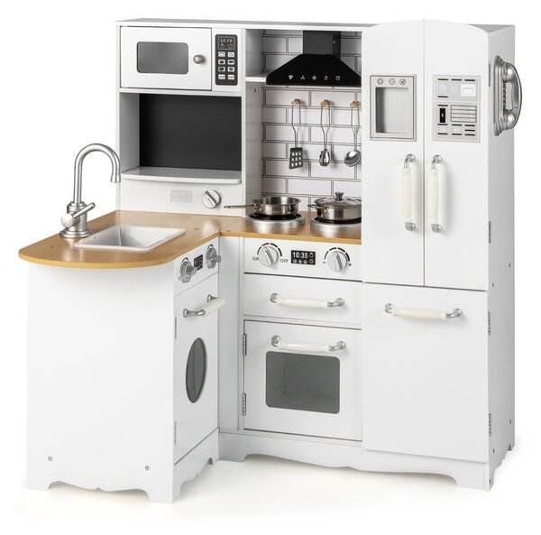 Costway Cucina ad angolo per bambini con lavelli fornelli cappa telefono frigorifero, Cucina gioco educativo Bianco