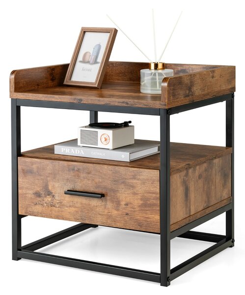 Costway Tavolino a 3 livelli con cassetto baffles superiori rialzati scomparto aperto, Comodino in legno Marrone rustico