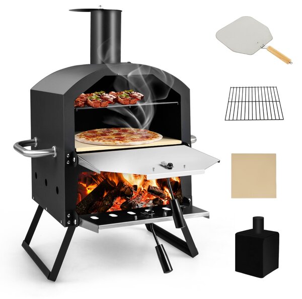 Costway Forno per pizza all'aperto a 2 strati con manici antigraffio gambe pieghevoli, Fornello per pizza a legna Nero