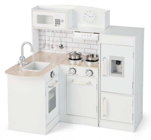 Costway Cucina ad angolo gioco per bambini con lavello fornelli cappa frigorifero, Cucinetta educativo in legno Bianco