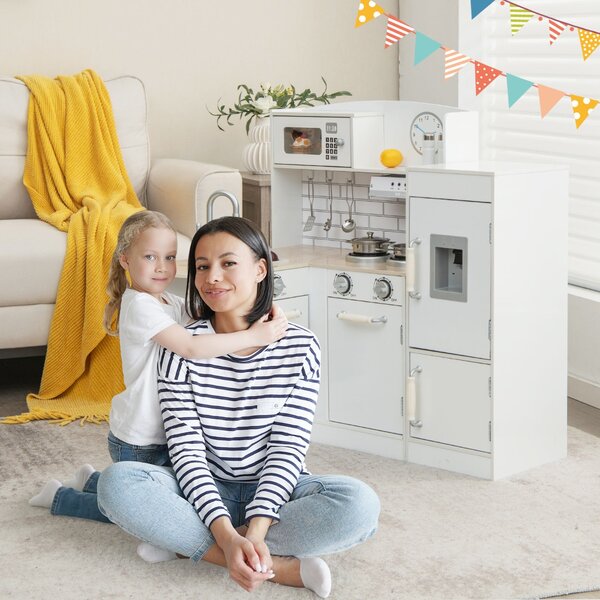 Costway Cucina ad angolo gioco per bambini con lavello fornelli cappa frigorifero, Cucinetta educativo in legno Bianco