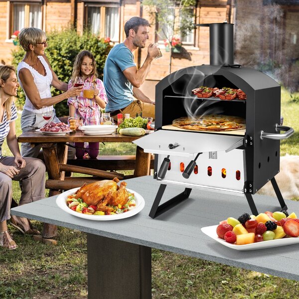 Costway Forno per pizza all'aperto a 2 strati con manici antigraffio gambe pieghevoli, Fornello per pizza a legna Nero