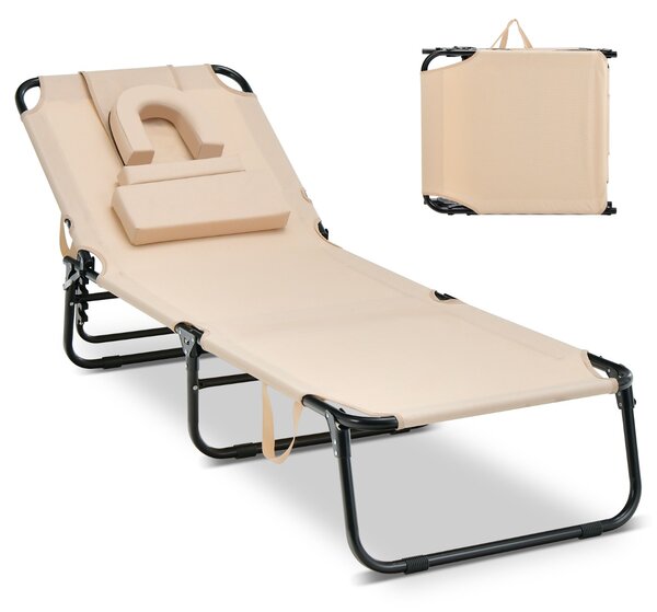 Costway Sedia pieghevole con foro per il viso cuscini rimovibili schienale regolabile in 5 livelli, Sedia a sdraio Beige