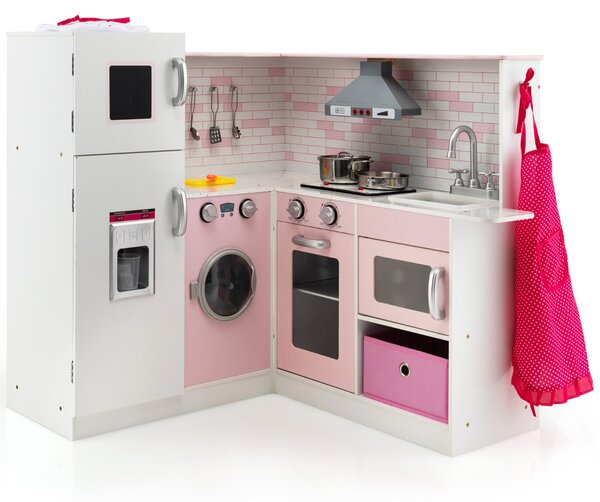 Costway Cucina giocattolo ad angolo in legno per bambini, Mini cucina giocattolo con luci e suoni interattivi Rosa