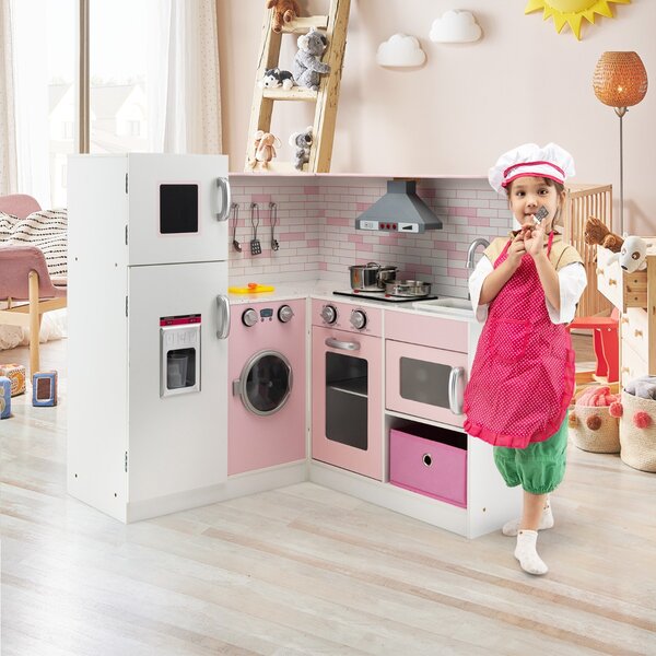 Costway Cucina giocattolo ad angolo in legno per bambini, Mini cucina giocattolo con luci e suoni interattivi Rosa