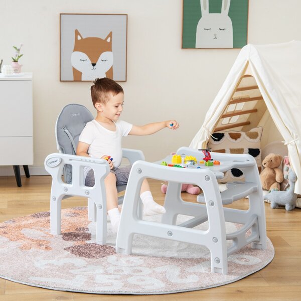 Costway Seggiolone per bambini con vassoio rimovibile a 4 posizioni cuscino per seduta, Sedia da pappa convertibile Grigio