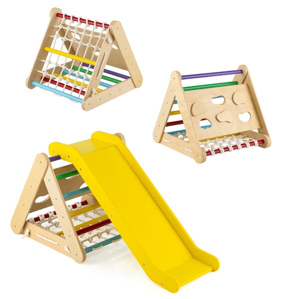 Costway Arrampicata in legno per bambini 4-in-1 con scivolo, Arrampicata a triangolo per interni con rete Colorato