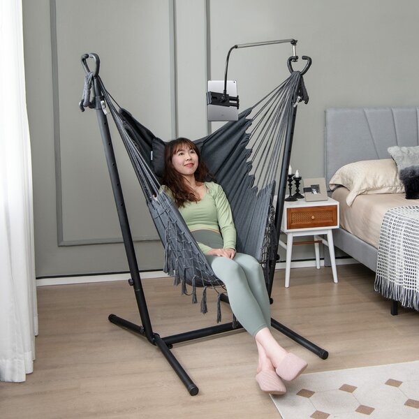 Costway Sedia amaca sospesa con supporto cuscino e tasca laterale, Sedia appesa regolabile in altezza da portata 250 kg Grigio