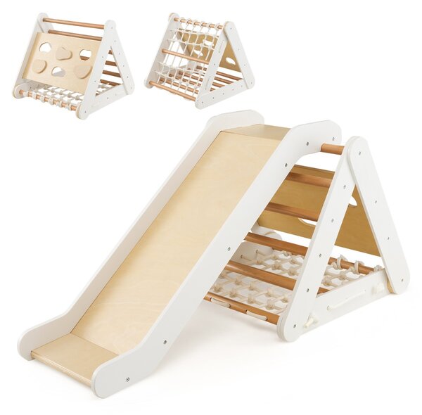 Costway Arrampicata in legno per bambini 4-in-1 con scivolo, Arrampicata a triangolo per interni con rete Bianco