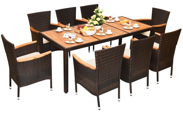 Costway Set da pranzo in vimini con piano d'appoggio in acacia e cuscini rimovibili, Set di mobili per 8 persone Beige