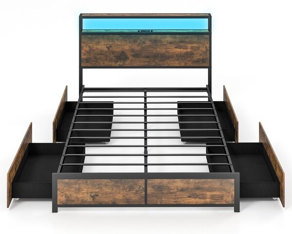 Costway Letto matrimoniale con cassetti e testiera con led e presa multipla, Struttura letto in metallo 216x144x102cm