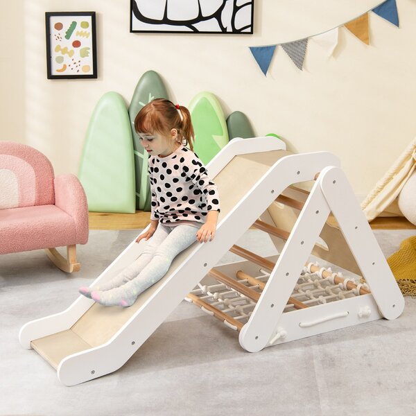 Costway Arrampicata in legno per bambini 4-in-1 con scivolo, Arrampicata a triangolo per interni con rete Bianco