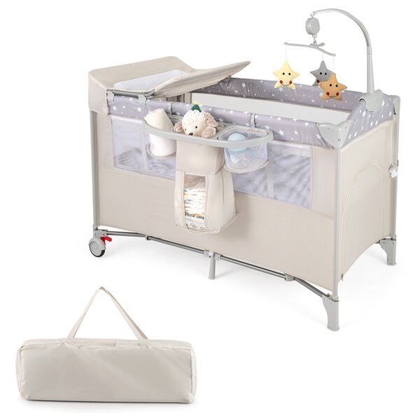 Costway Lettino per bambini con materasso fasciatoio carillon e 3 giocattoli appesi, Box multiuso 5 in 1 Beige