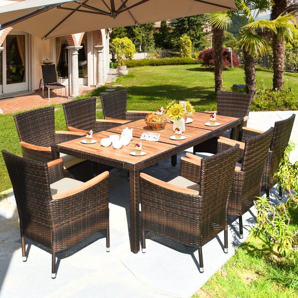 Costway Set da pranzo in vimini con piano d'appoggio in acacia e cuscini rimovibili, Set di mobili per 8 persone Beige
