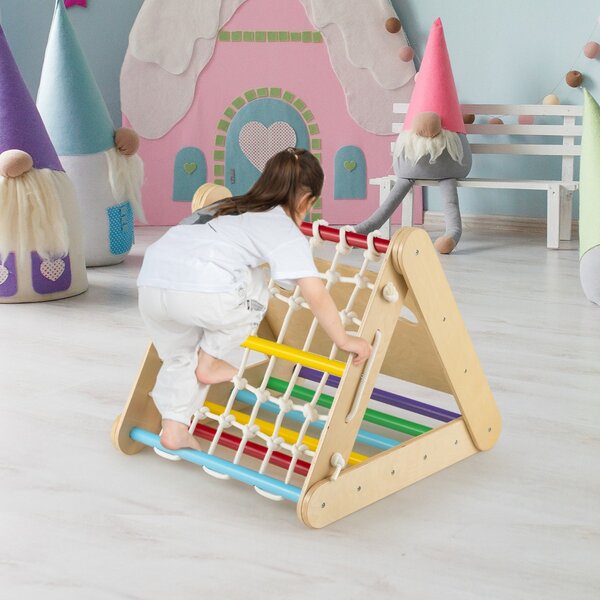 Costway Arrampicata in legno per bambini 4-in-1 con scivolo, Arrampicata a triangolo per interni con rete Colorato