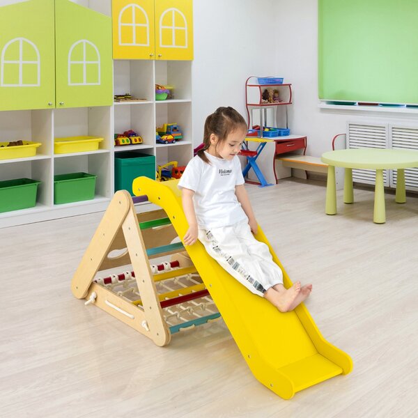Costway Arrampicata in legno per bambini 4-in-1 con scivolo, Arrampicata a triangolo per interni con rete Colorato