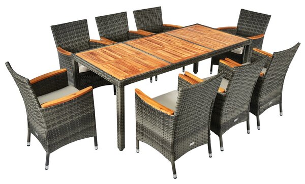 Costway Set di mobili da giardino in legno vimini con tavolo rettangolare 8 sedie con cuscini, Set da pranzo 9 pezzi Beige