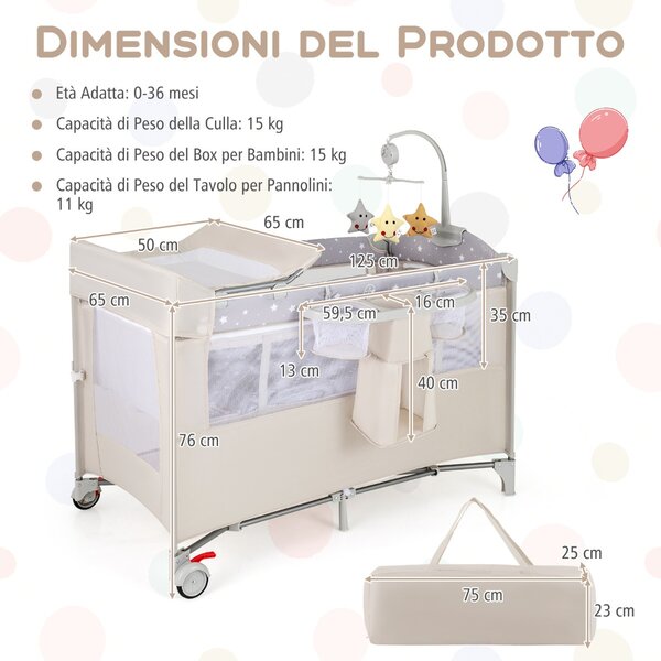Costway Lettino per bambini con materasso fasciatoio carillon e 3 giocattoli appesi, Box multiuso 5 in 1 Beige