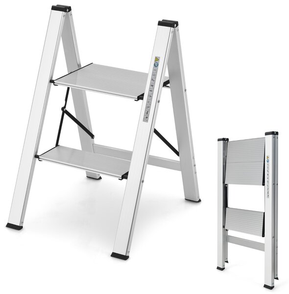 Costway Scala pieghevole in alluminio con gradini antiscivolo e poggiapiedi, Scala portatile portata 150kg 44x49x66cm