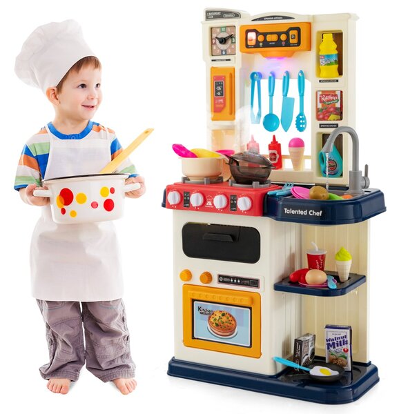 Costway Set da cucina per bambini con 38 accessori, Set giocattolo con finto vapore cappa aspirante con canzoni Blu