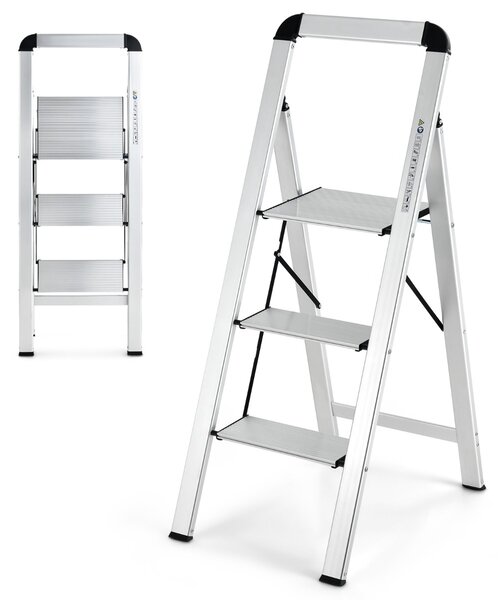 Costway Scala pieghevole in alluminio con gradini antiscivolo e poggiapiedi, Scala portatile portata 150kg 44x62x109cm