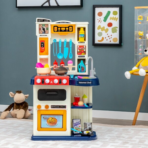Costway Set da cucina per bambini con 38 accessori, Set giocattolo con finto vapore cappa aspirante con canzoni Blu