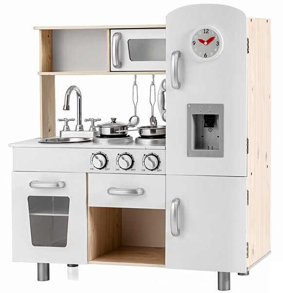 Costway Cucinetta per bambini in legno con telefono piano cottura frigo lavello rimovibile, Cucina giocattolo Bianco