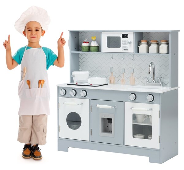 Costway Cucina giocattolo in legno per bambini con utensili accessori lavandino telefono, Set di cucina finta Grigio