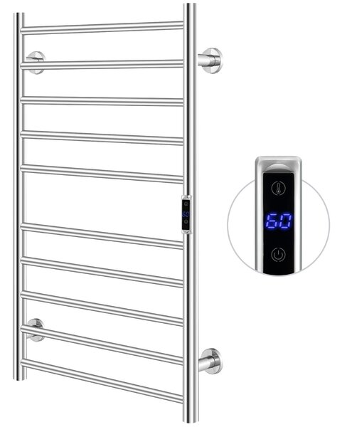 Costway Termosifone elettrico riscaldato a 10 barre, Portasciugamani in acciaio inox con timer e display LCD Argento