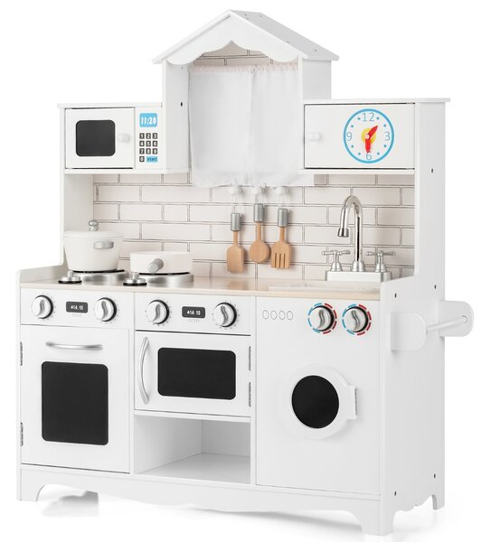Costway Cucina giocattolo per bambini in legno con lavatrice piano cottura, Set giochi cucina realistica Bianco