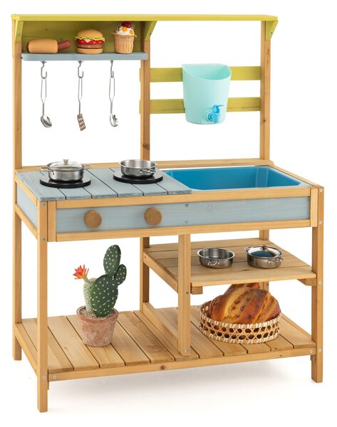 Costway Cucina giocattolo legno per bambini, Cucina con rubinetto serbatoio d'acqua lavello staccabile 75x35x92cm