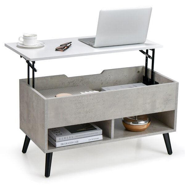 Costway Tavolino da caffè moderno con scomparto nascosto e 2 scaffali aperti, Tavolino in legno per soggiorno Grigio