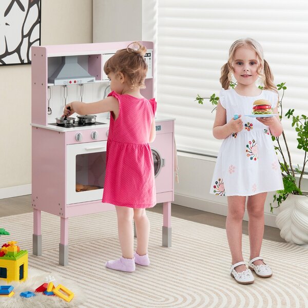 Costway Cucina giocattolo con cappa e lavatrice accessori adorabili suoni e luci reali, Set cucina in legno bambini Rosa