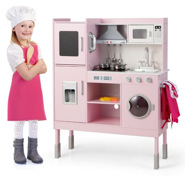 Costway Cucina giocattolo per bambini con cappa macchina del ghiaccio telefono e 16 accessori, Gioco cucinetta Rosa