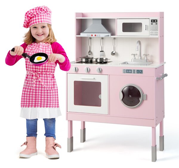 Costway Cucina giocattolo con cappa e lavatrice accessori adorabili suoni e luci reali, Set cucina in legno bambini Rosa