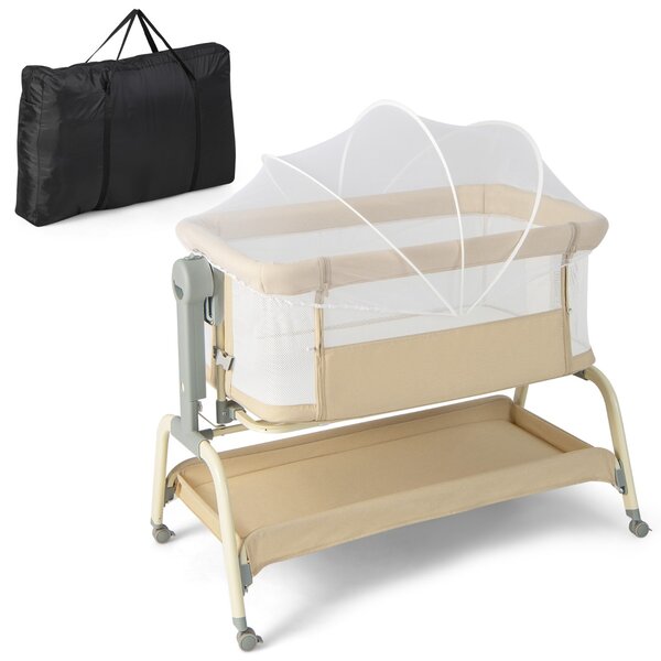 Costway Culla per neonati con 6 altezze regolabili materasso rete a 4 lati cesto portaoggetti, Culla portatile Beige