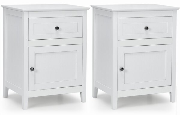 Costway Set 2 comodini moderni a 2 livelli con superficie spaziosa, Tavolini con cassetto estraibile gambe in legno Bianco