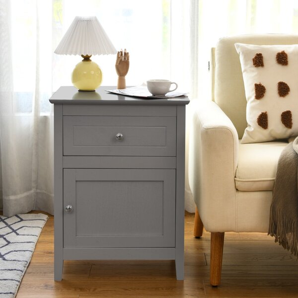 Costway Set 2 comodini moderni a 2 livelli con superficie spaziosa, Tavolini con cassetto estraibile gambe in legno Grigio