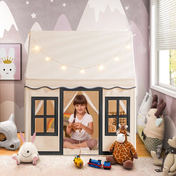 Costway Tenda da gioco per bambini con luci a stella tappetino in velluto lavabile, Casetta per interni ed esterni Beige