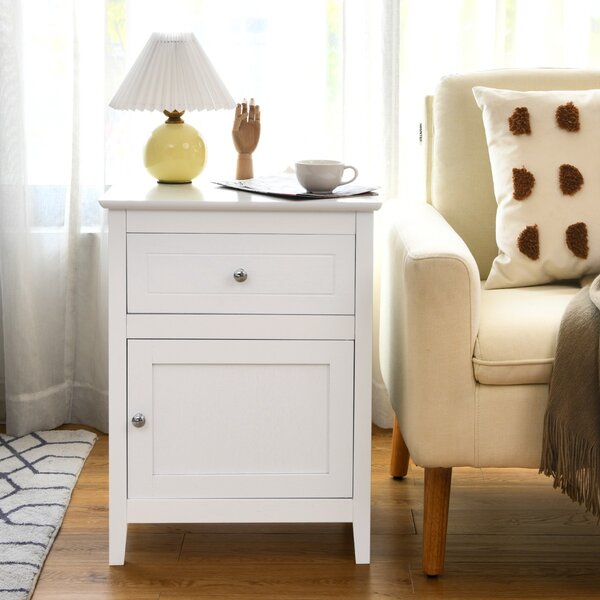 Costway Set 2 comodini moderni a 2 livelli con superficie spaziosa, Tavolini con cassetto estraibile gambe in legno Bianco