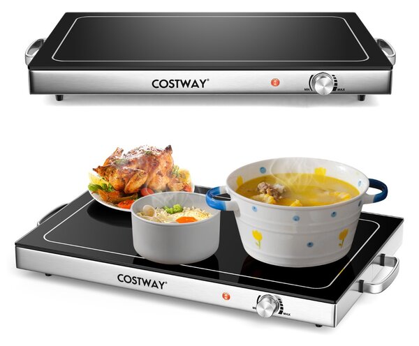 Costway Vassoio scaldavivande elettrico con piano in vetro resistente alle alte temperature, Vassoio riscaldante Nero