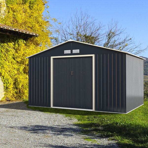 Costway Capanno degli attrezzi di metallo con 4 sfiati e ante singole scorrevoli, Casetta da giardino 340x255x210cm