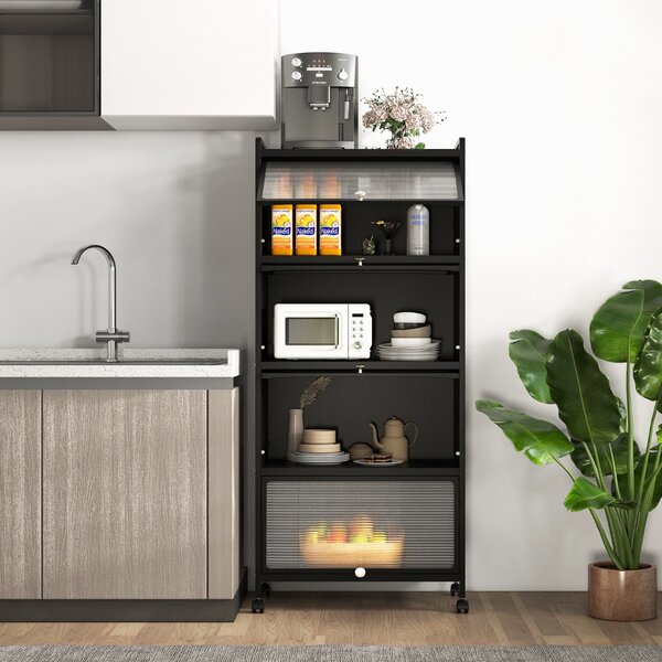 Costway Supporto mobile con porte PC a scomparsa, Armadio da cucina autoportante con 4 ruote girevoli 60x32x154cm Nero