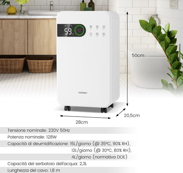 Costway 15L deumidificatore con modalità sonno blocco di sicurezza per bambini, Deumidificatore per spazi fino a 232 mq