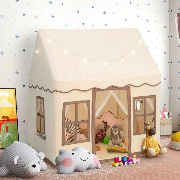 Costway Tenda da gioco per bambini con luci a stella tappetino in velluto lavabile, Casetta per interni ed esterni Marrone