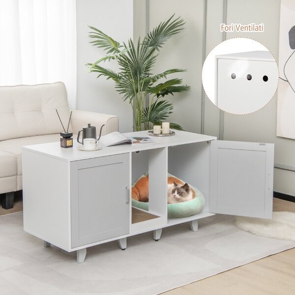 Costway Mobile lettiera per gatti con ingressi sinuosi tiragraffi gambe staccabili, Armadietto casetta per gatti Grigio